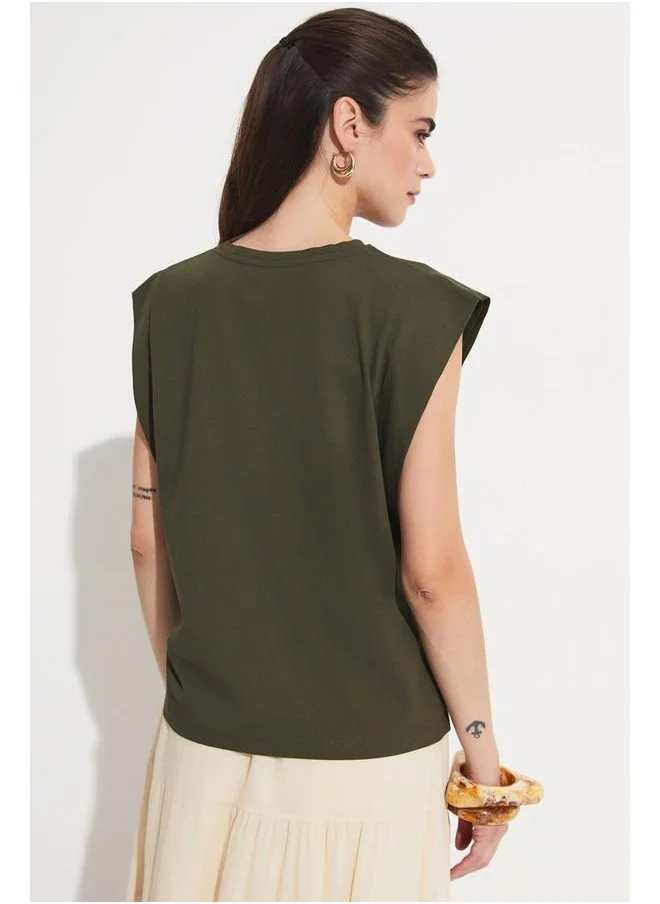 JUNE June Basic Cotton Crew Neck Sleeveless Tshirt Khaki