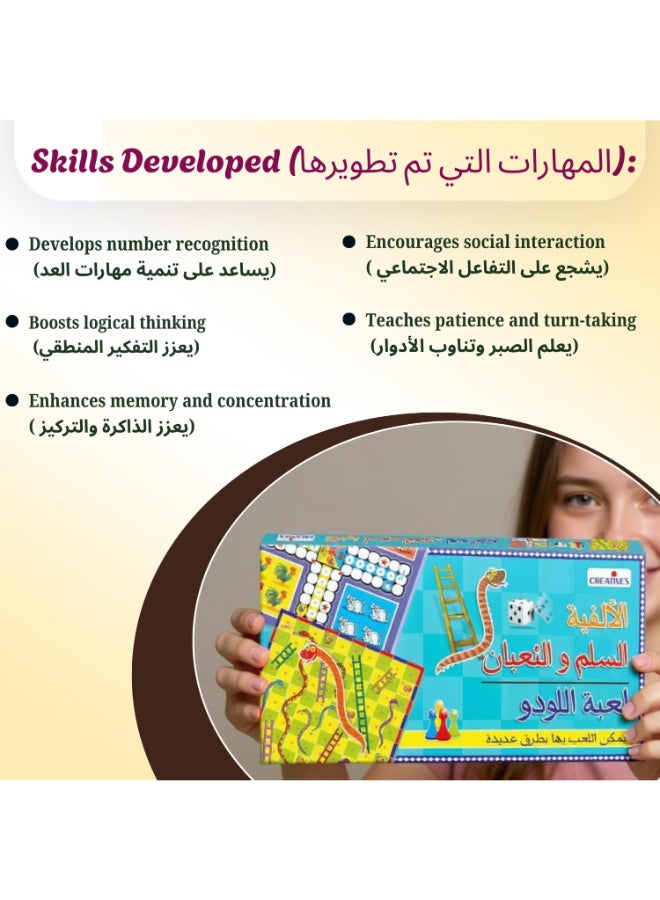 Creative's Creative’s Millennium Snakes & Ladders Ludo in Arabic - 2-in-1 Board Game for Kids & Families - Arabic Strategy Game With Dice, Pegs & Rules - Gift Idea - Indoor Party & Travel Game Set - Ages 8 & Up - Image 3