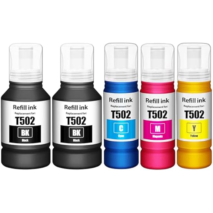 502 INK REFILL BOTTLES ECO TANK ET-2850 ET-3850 ET-4850 ET-15000 COMPATIBLE FOR E-PSON 502 INK REFILL BOTTLE 5-PACK FOR ET-2850 ET-3850 ET-4850 ET-5000 ET-2980 ET-3843 ET-3760 ET-2760 ET-3830 4750 - Image 2