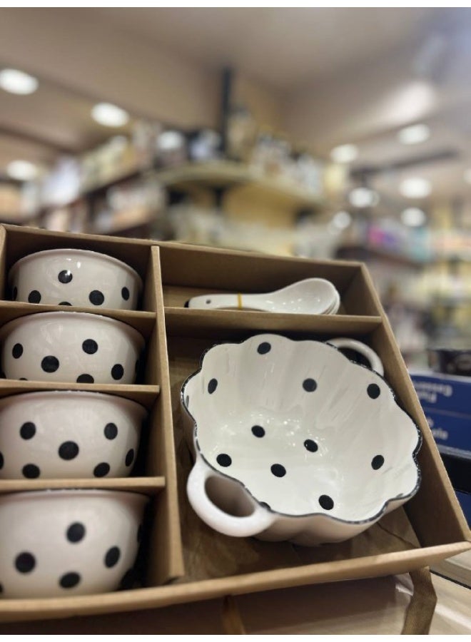 Luxury Polka Dot Porcelain Serving Set – 5 Pieces + 4 Spoons - Image 2
