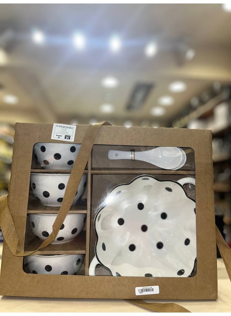 Luxury Polka Dot Porcelain Serving Set – 5 Pieces + 4 Spoons - Image 3