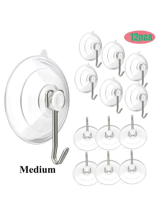 Medium 12pcs Strong Adhesive Hooks Wall Mounted Reusable Transparent Suction Cup Metal Hooks for Towels Clothes Kitchen Bathroom - Image 1