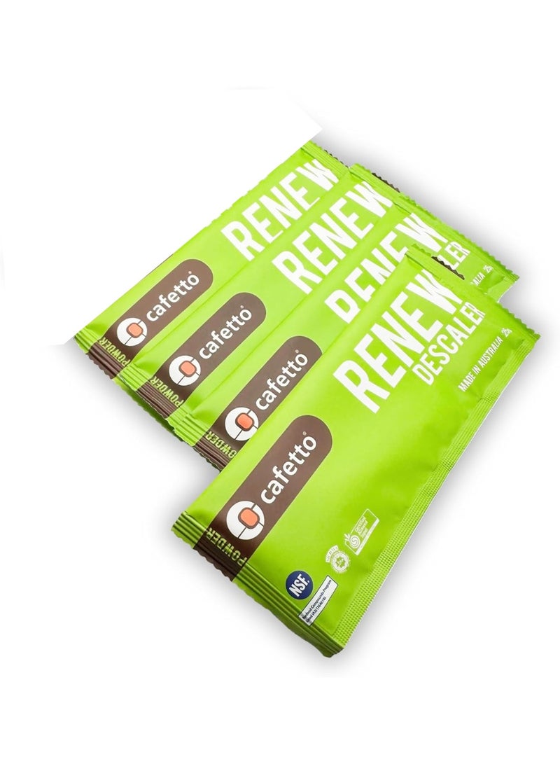 Cafetto Renew Descaler (4 x 25 g sachets). Designed for espresso machines, boilers and coffee brewers. Safe to use on aluminium, brass and stainless steel