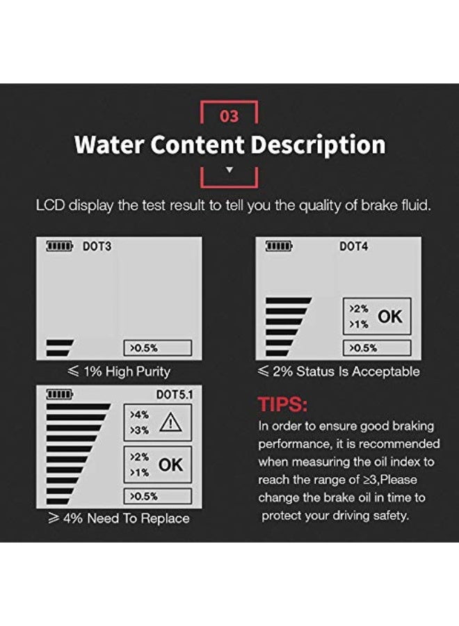 كينج بولين مختبر سائل الفرامل، كاشف سائل الفرامل بدقة عالية، محلل رطوبة السوائل / الزيوت مع شاشة LCD وإنذار صوتي، مختبر DOT3 DOT4 DOT5.1، حساسات مستوى بديلة للسيارات - Image 3