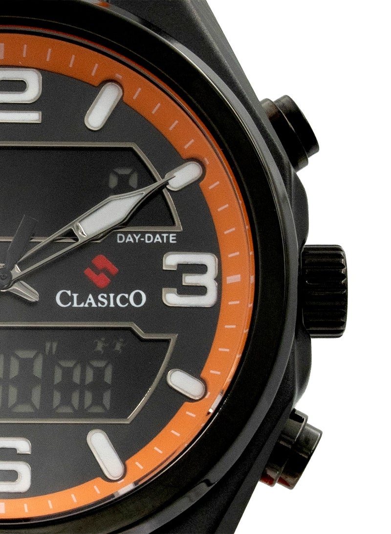 Clasico DuoFlex Analog + Digital Watch – Orange & Black Edition with Premium Silicon Strap – Elite Y121 Calibre Movement – Waterproof Design  - Image 3