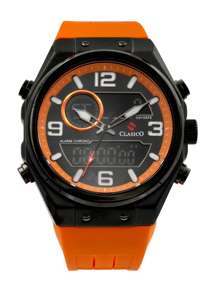 Clasico DuoFlex Analog + Digital Watch – Orange & Black Edition with Premium Silicon Strap – Elite Y121 Calibre Movement – Waterproof Design  - Image 1