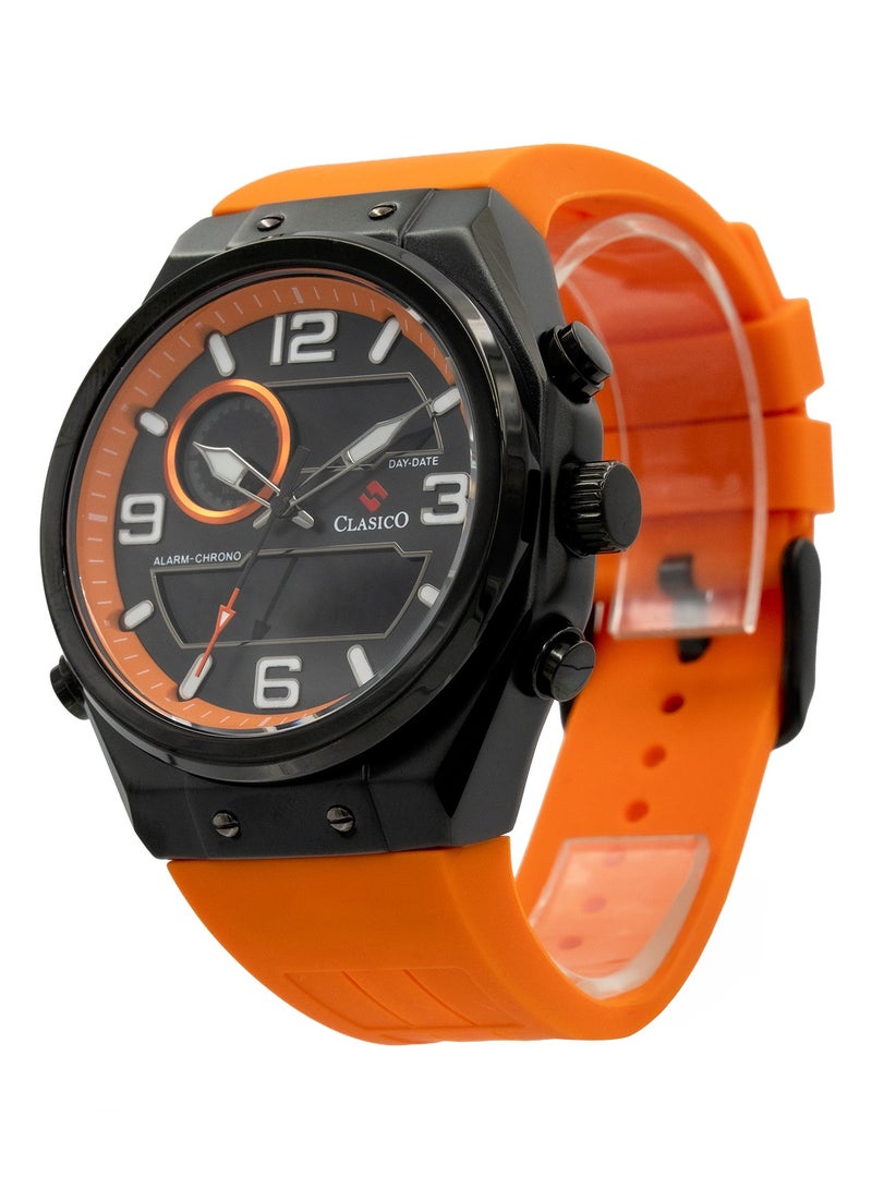 Clasico DuoFlex Analog + Digital Watch – Orange & Black Edition with Premium Silicon Strap – Elite Y121 Calibre Movement – Waterproof Design  - Image 2