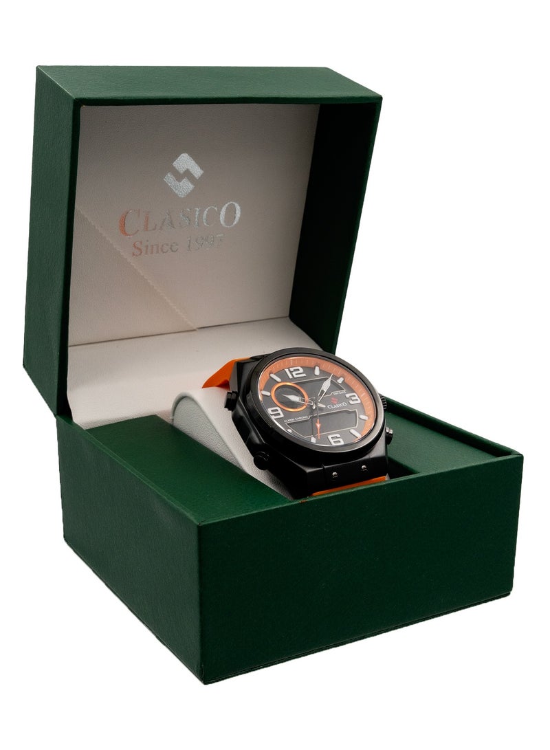 Clasico DuoFlex Analog + Digital Watch – Orange & Black Edition with Premium Silicon Strap – Elite Y121 Calibre Movement – Waterproof Design  - Image 5