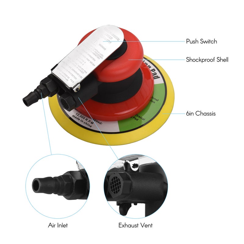 Pneumatic Sander 6 Inch Polishing Sanding Waxing for Car Wall Wood Metal 10000RPM Red - Image 4