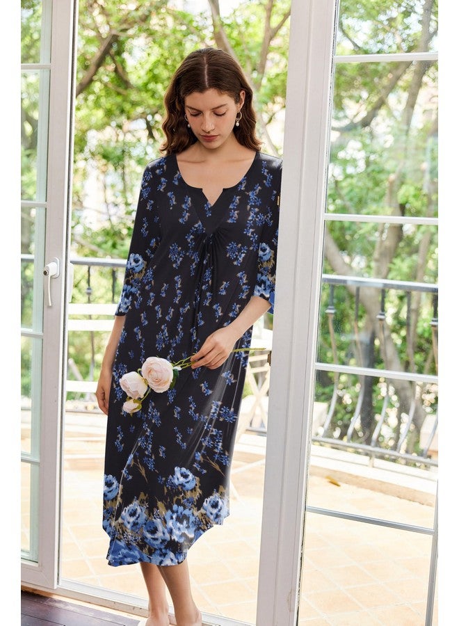 إكواير قميص نوم طويل من Ekouaer للنساء بأكمام 3/4، فستان نوم ماكسي، مقاس كبير، ملابس نوم طويلة، أسود، أزرق، أحجار كريمة، مقاس كبير جدًا - Image 2