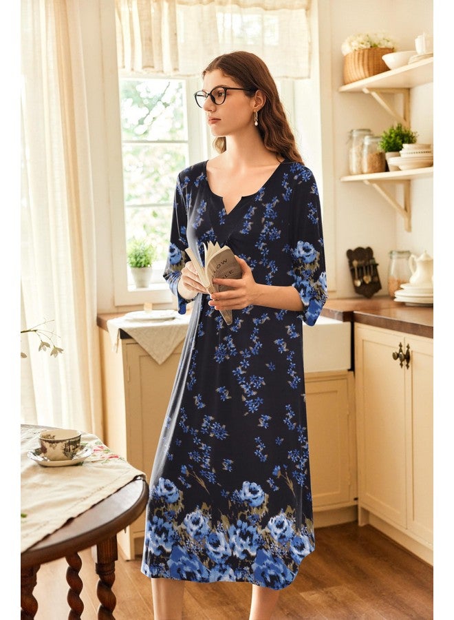 إكواير قميص نوم طويل من Ekouaer للنساء بأكمام 3/4، فستان نوم ماكسي، مقاس كبير، ملابس نوم طويلة، أسود، أزرق، أحجار كريمة، مقاس كبير جدًا - Image 4