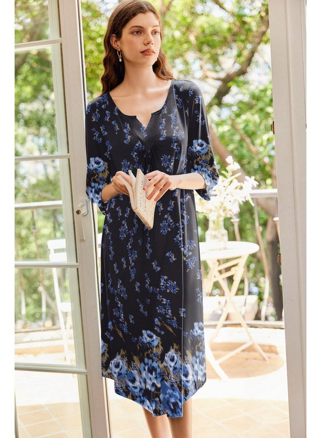 إكواير قميص نوم طويل من Ekouaer للنساء بأكمام 3/4، فستان نوم ماكسي، مقاس كبير، ملابس نوم طويلة، أسود، أزرق، أحجار كريمة، مقاس كبير جدًا - Image 3