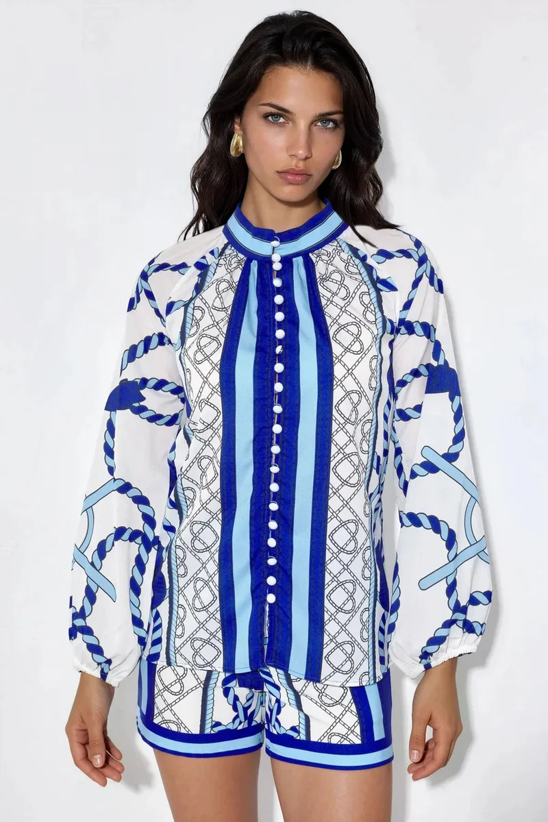 جينيفر Paisley Tie-front Blouse And Shorts Set