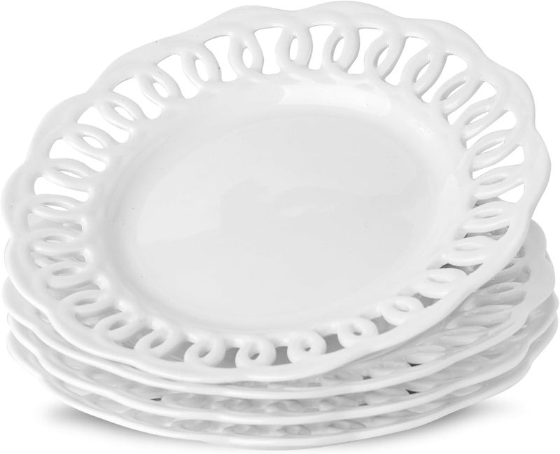 fMBB Round Appetizer Plate with Scalloped Edge Lace Rim Set of 4 White 8 inch Ceramic Dessert Plates Small for Cake Snack Side Dish Microwave and Dishwasher Safe - Image 1