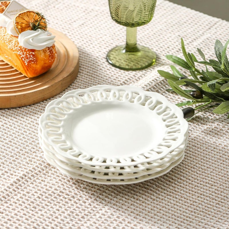 fMBB Round Appetizer Plate with Scalloped Edge Lace Rim Set of 4 White 8 inch Ceramic Dessert Plates Small for Cake Snack Side Dish Microwave and Dishwasher Safe - Image 3