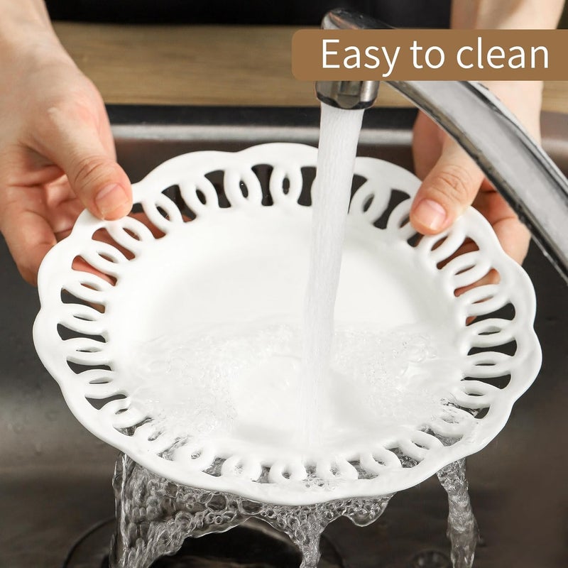 fMBB Round Appetizer Plate with Scalloped Edge Lace Rim Set of 4 White 8 inch Ceramic Dessert Plates Small for Cake Snack Side Dish Microwave and Dishwasher Safe - Image 5