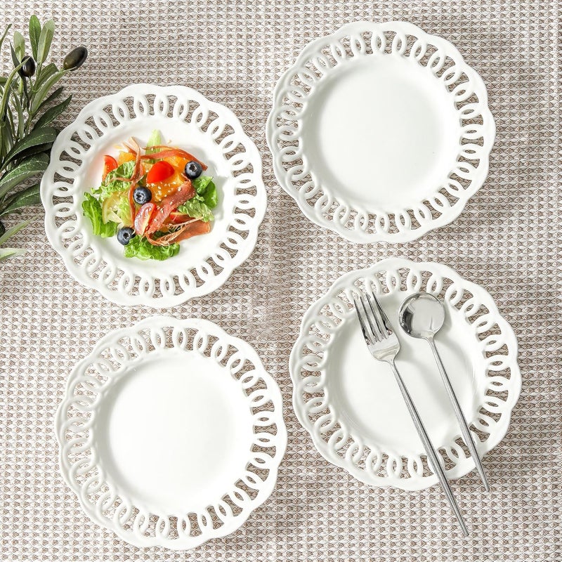 fMBB Round Appetizer Plate with Scalloped Edge Lace Rim Set of 4 White 8 inch Ceramic Dessert Plates Small for Cake Snack Side Dish Microwave and Dishwasher Safe - Image 2