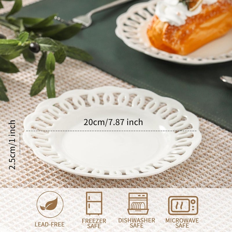 fMBB Round Appetizer Plate with Scalloped Edge Lace Rim Set of 4 White 8 inch Ceramic Dessert Plates Small for Cake Snack Side Dish Microwave and Dishwasher Safe - Image 4
