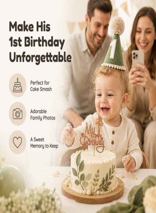قبعة عيد الميلاد الأول للأولاد الصغار من UreverFins مع زينة لامعة للكيك - زينة عيد الميلاد الأول بطابع الغابة البرية، قبعة عيد ميلاد خضراء داكنة، تاج سفاري الغابة، دعائم تصوير لجلسة تحطيم الكيك - Image 2