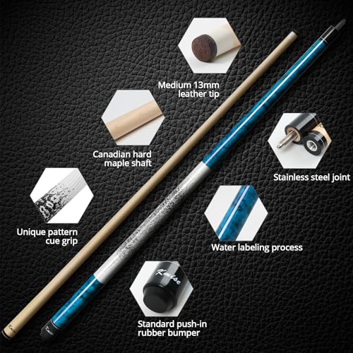 Kmise Pool Cue Stick 21oz, 58'' Canadian Hard Maple Billiard Cues Pro Low-Deflection with 13mm Leather Tip, Blue Wood Grain Butt & 3D Anti-Slip Grip, Power Control Pool Sticks for Adults Club/Home - Image 2