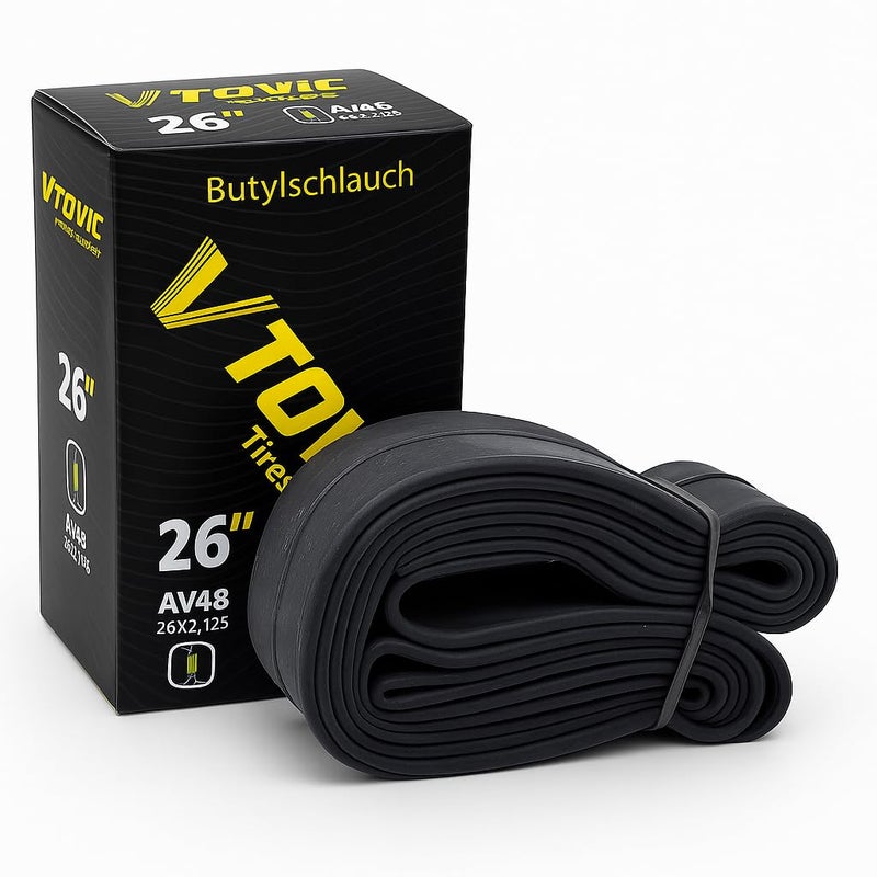 V-Tovic Tires 26" Bike Inner Tube AV48 Valve 26x2.125 | Heavy Duty Butyl Rubber Tube Compatible with Mountain, Road, City & Wheelchair Tires - Image 1