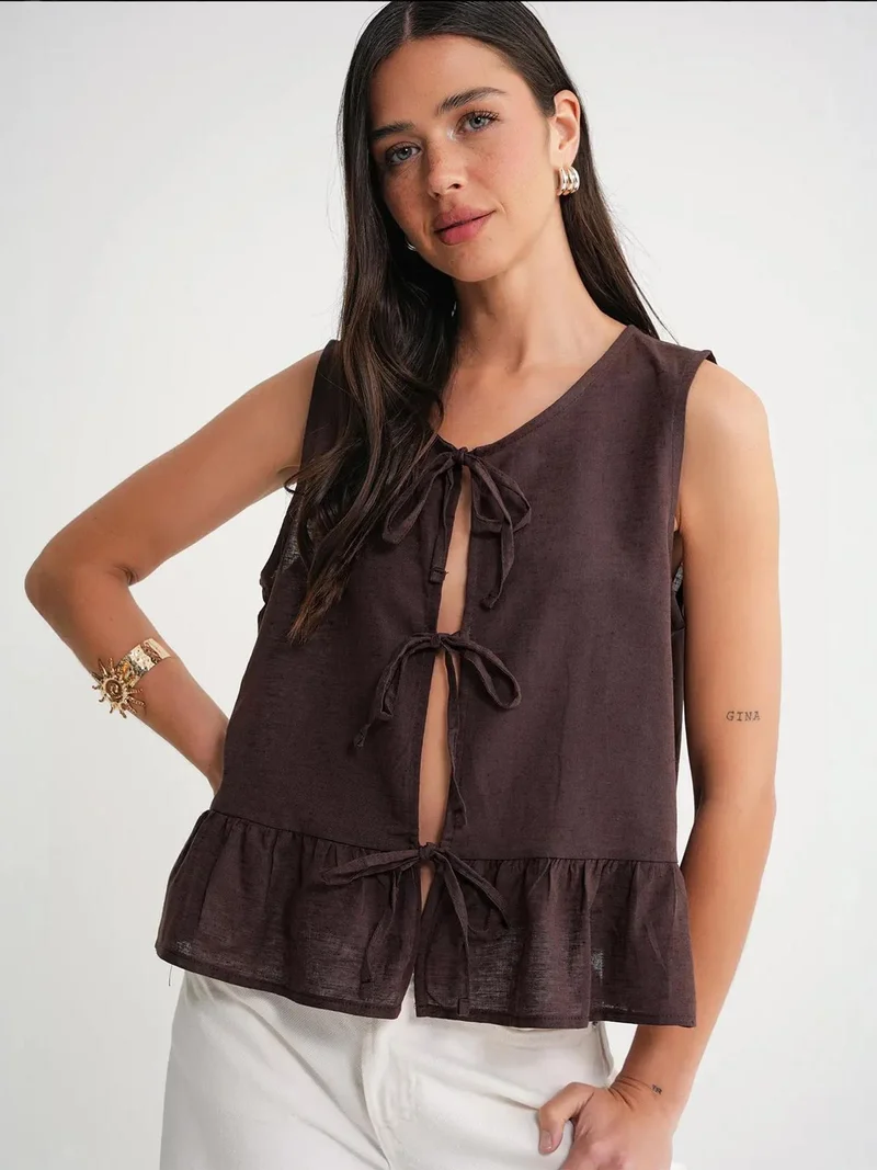 MixRay Coffee Brown Mixray Frilly Tie Front Blouse for Women | Best Price UAE