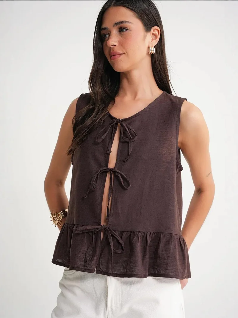 MixRay Coffee Brown Mixray Frilly Tie Front Blouse for Women | Best Price UAE