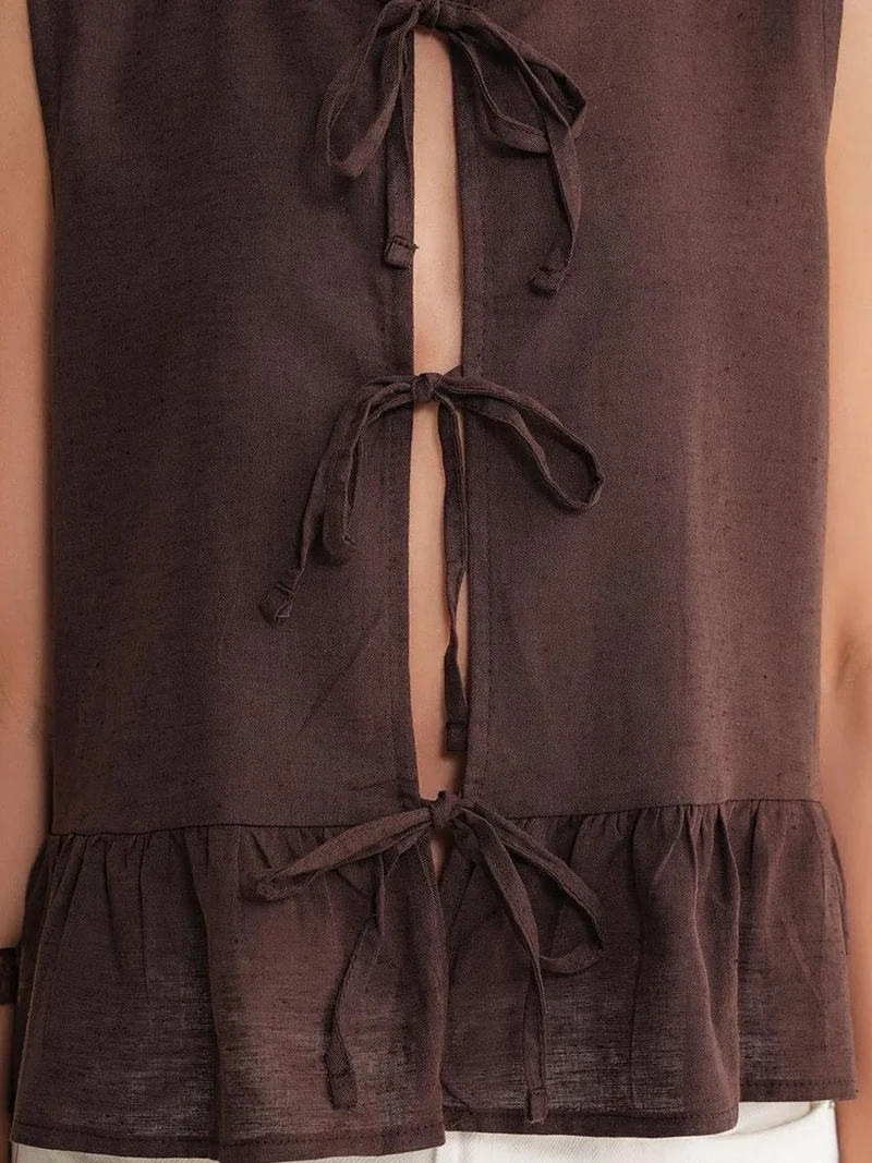 MixRay Coffee Brown Mixray Frilly Tie Front Blouse for Women | Best Price UAE