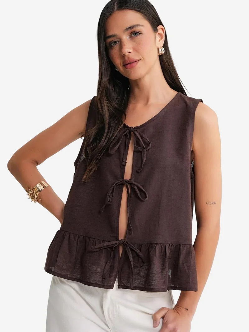 Mixray Coffee Brown Mixray Frilly Tie Front Blouse for Women | Best Price UAE