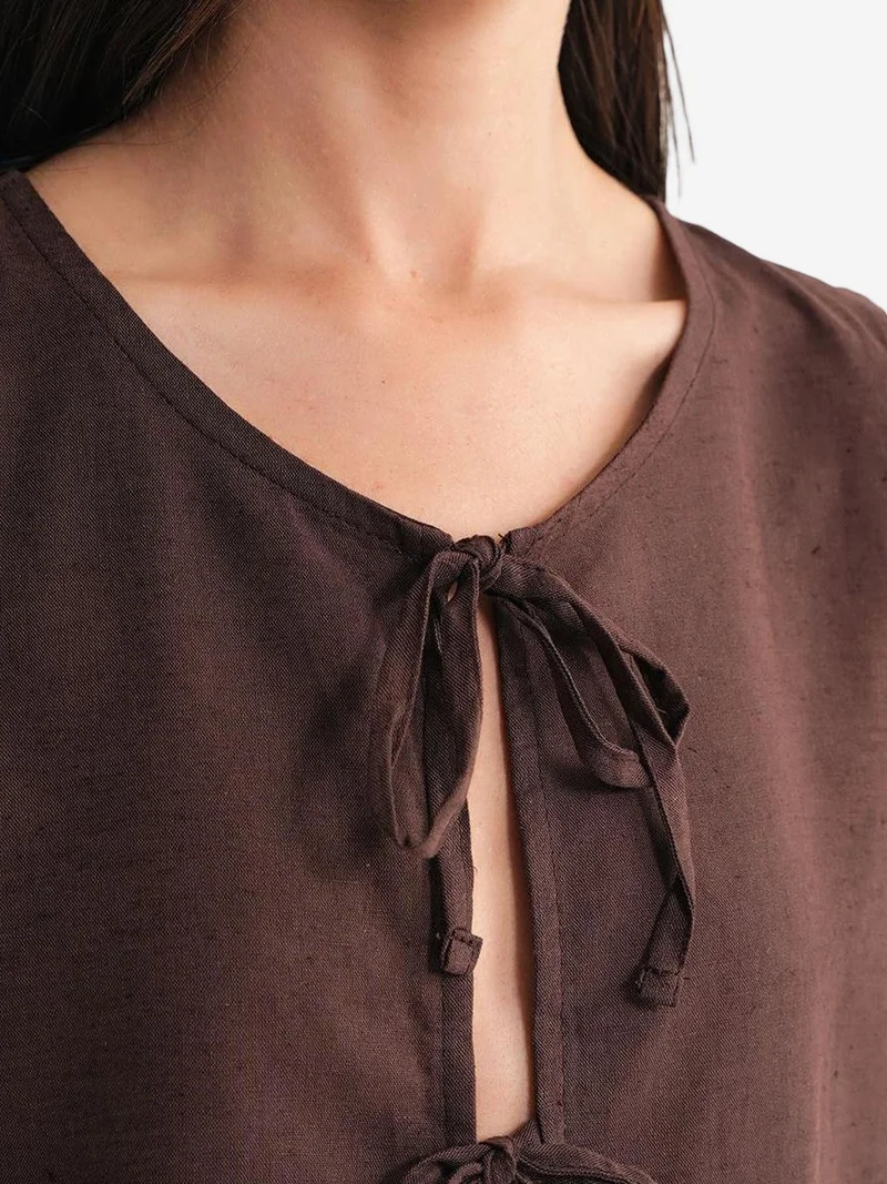 Mixray Coffee Brown Mixray Frilly Tie Front Blouse for Women | Best Price UAE