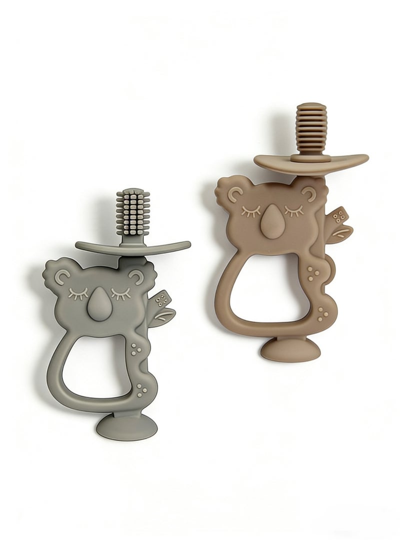 2 Pieces of Koala Shape Teething Toy Safe Easy to Hold BPA Free Silicone Teethers 360° Baby Toothbrush with Suction Base Teether Toys Best for Baby 6-12 Months Grey and Pink - Image 1