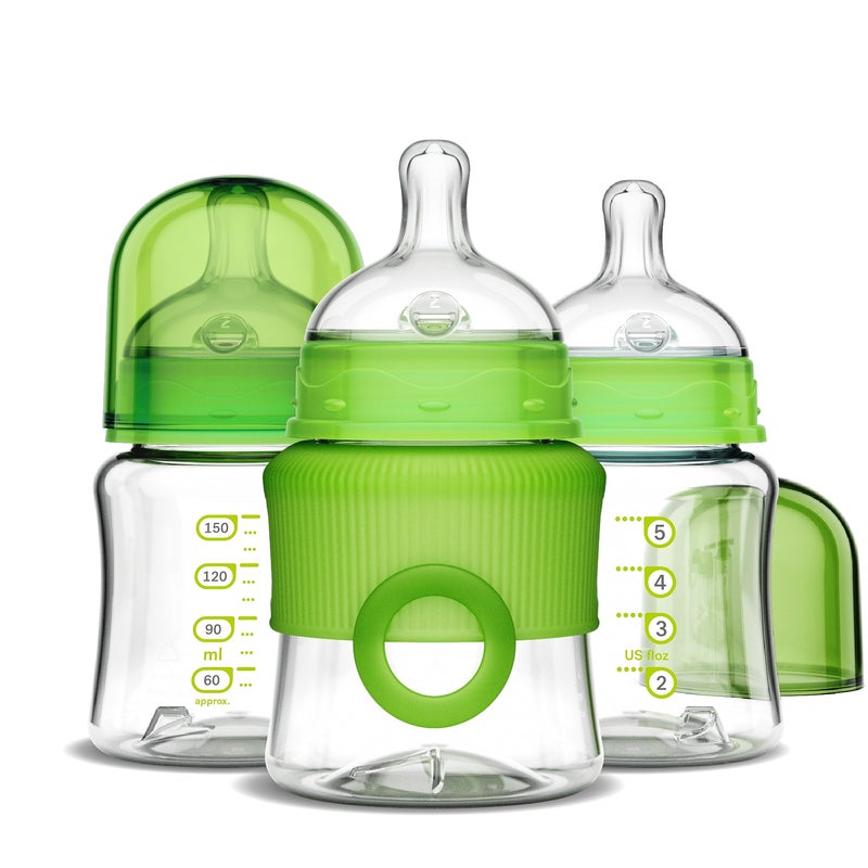 Smilo Baby Bottle Set with Stage 0 Slow Flow Anti Colic Nipple 5 Oz 150 ml Capacity 3X Pack of Anti Colic Baby Bottles 03 Months Green
