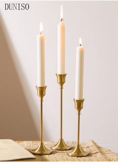 A set of three golden candle holders, used for decorating cone-shaped candle holders with anti slip bases, suitable for weddings, dinners, and parties