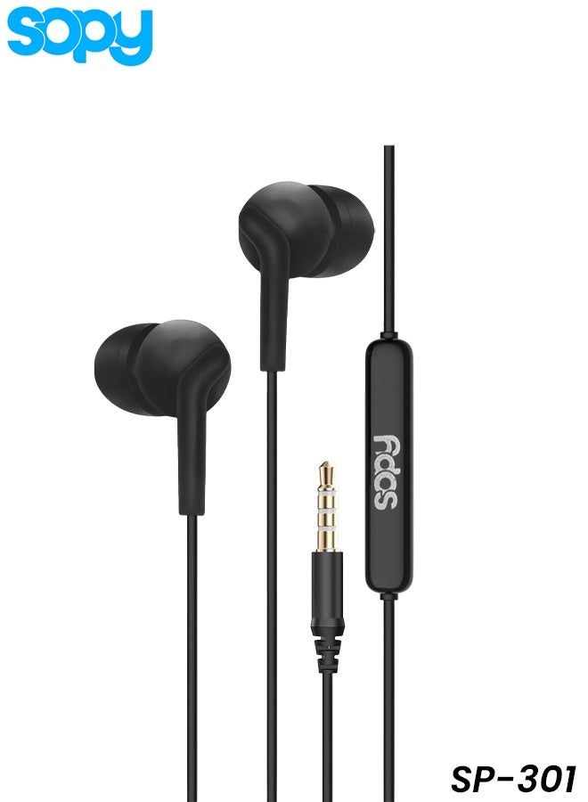 Sopy SP-301 Wired Earphones: Experience High-Fidelity Audio with Powerful 10mm Super Bass, Ergonomic Semi-In-Ear Comfort, and a Clear HD Call Microphone, Compatible with all Aux Devices for Everyday Listening - Image 1