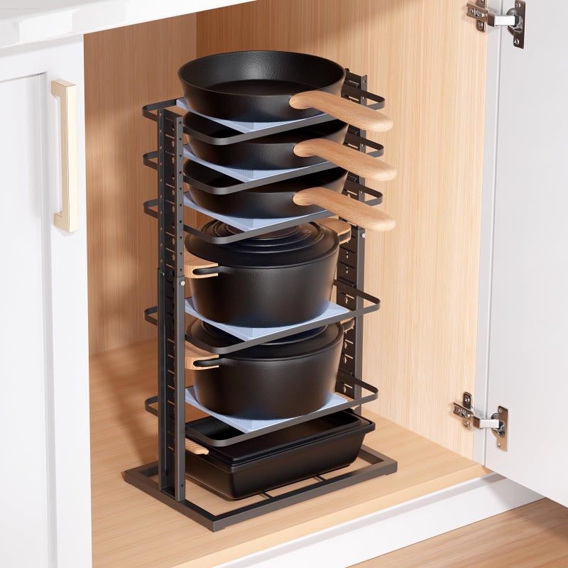 LAMU Pots and Pans Organizer for under Cabinet, 6-Tier Heavy Duty Pan Pot Organizers inside Cabinet Adjustable 14 to 24.57", Pot Rack Kitchen Cabinet Organization and Storage Holds up to 12" Cookware - Image 1