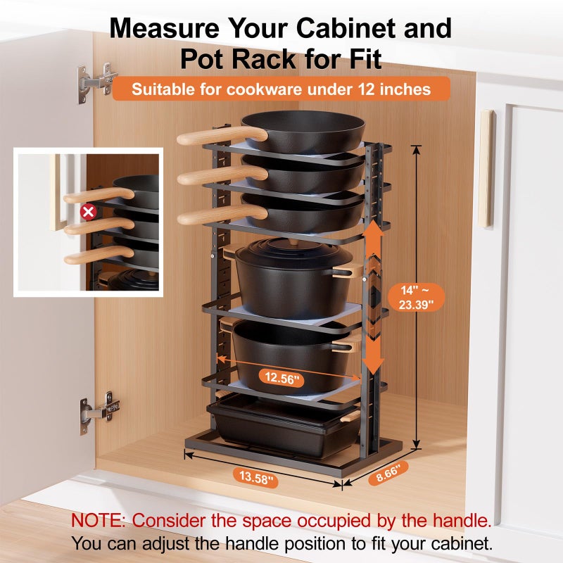 LAMU Pots and Pans Organizer for under Cabinet, 6-Tier Heavy Duty Pan Pot Organizers inside Cabinet Adjustable 14 to 24.57", Pot Rack Kitchen Cabinet Organization and Storage Holds up to 12" Cookware - Image 2