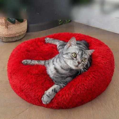 ZEXSAZONE Summer Small Cat Bed Donut Shape for Kittens & Small Dogs | Soft Plush Washable Puppy Bed | Raised Sides for Head & Neck Support | Reversible 2-in-1 Pet Cushion Red - Image 2