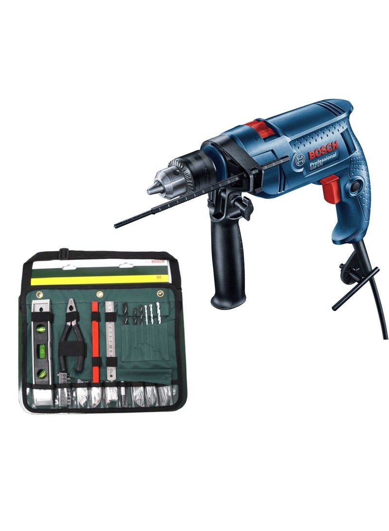 Bosch Professional GSB 570 Impact Drill 13mm Bosch Belt Pouch Tool Set 50 Piece - Image 1