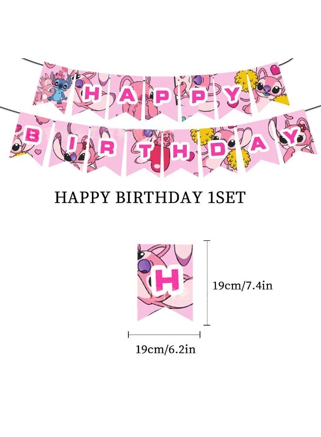 JAYATO Lilo & Stitch Birthday & Party Scene Decoration Set Party Supplies, 46 Pcs Pink Stitch & Lilo Cartoon Party Favor for Kids, Girls, Included Flag-Happy Birthday Banner, Cake Decoration, Latex Balloons - Image 3