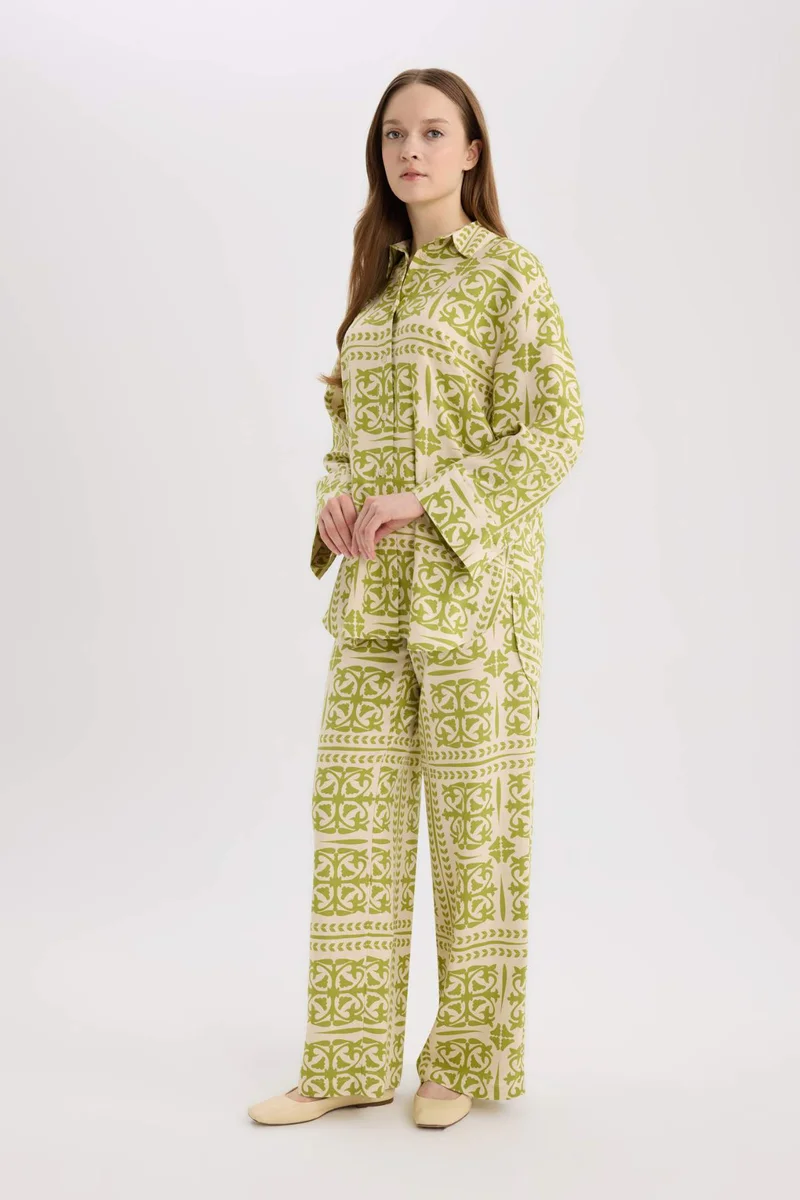 ديفاكتو Relax Fit Printed Linen Blend Long Sleeve Tunic
