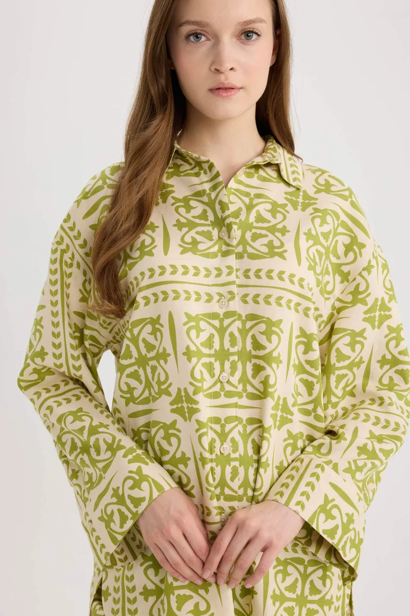 ديفاكتو Relax Fit Printed Linen Blend Long Sleeve Tunic