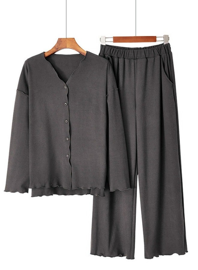 Loquat Women's Solid Color 2-Piece Set Loose Nightgown Sleepwear Long Sleeve V-Neck Top And Pants Soft Loungewear Wear Warm Pajamas Suit Dark Grey 