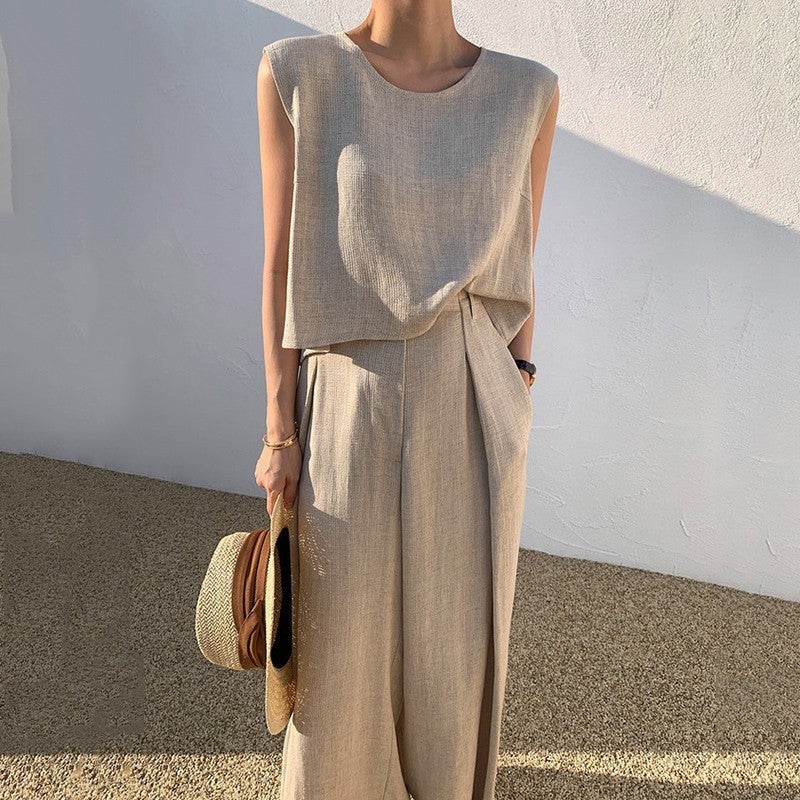 2024 Spring and Summer Cotton Linen Fashion Casual Loose Two-piece Sleeveless Top Loose Wide Leg Pants Women Navy blue - Image 2