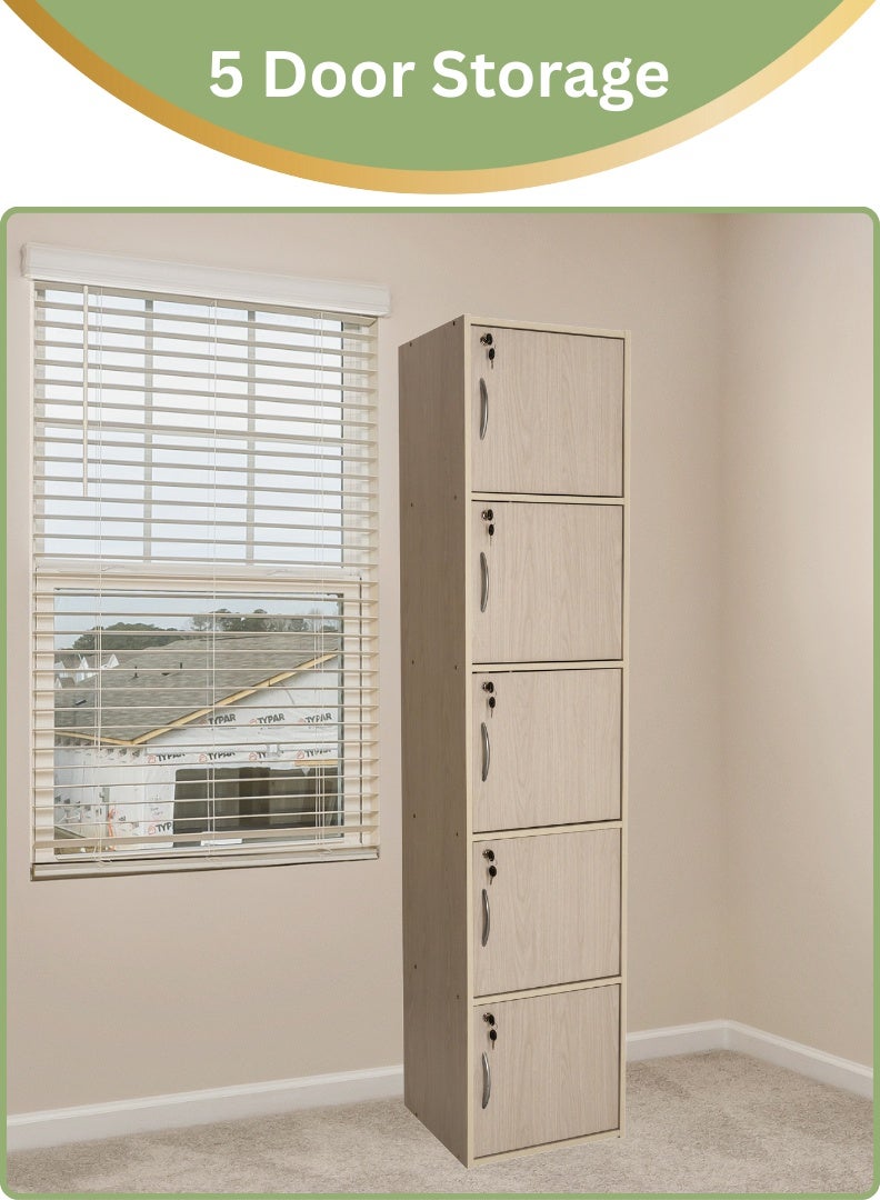 AFT Modern Wooden 5-Tier Storage Cabinet with Lockable Doors – 185 cm Tall Freestanding Organizer with 5 Spacious 35 cm Shelves, 40x40 cm Surface Area, 15 mm Thick Panels – Durable Multipurpose Cupboard for Home, Office, or Bedroom Use – White Ash Oak (Arfan) - Image 3