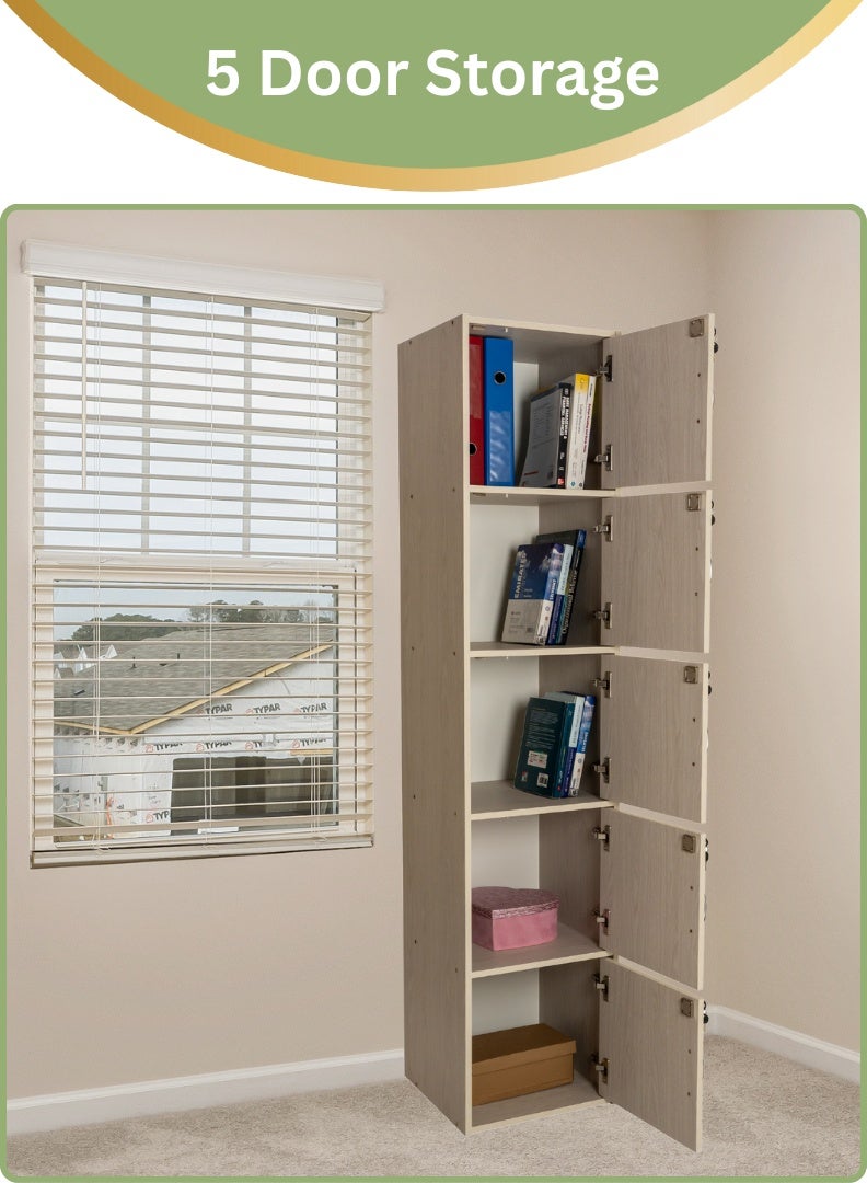 AFT Modern Wooden 5-Tier Storage Cabinet with Lockable Doors – 185 cm Tall Freestanding Organizer with 5 Spacious 35 cm Shelves, 40x40 cm Surface Area, 15 mm Thick Panels – Durable Multipurpose Cupboard for Home, Office, or Bedroom Use – White Ash Oak (Arfan) - Image 4