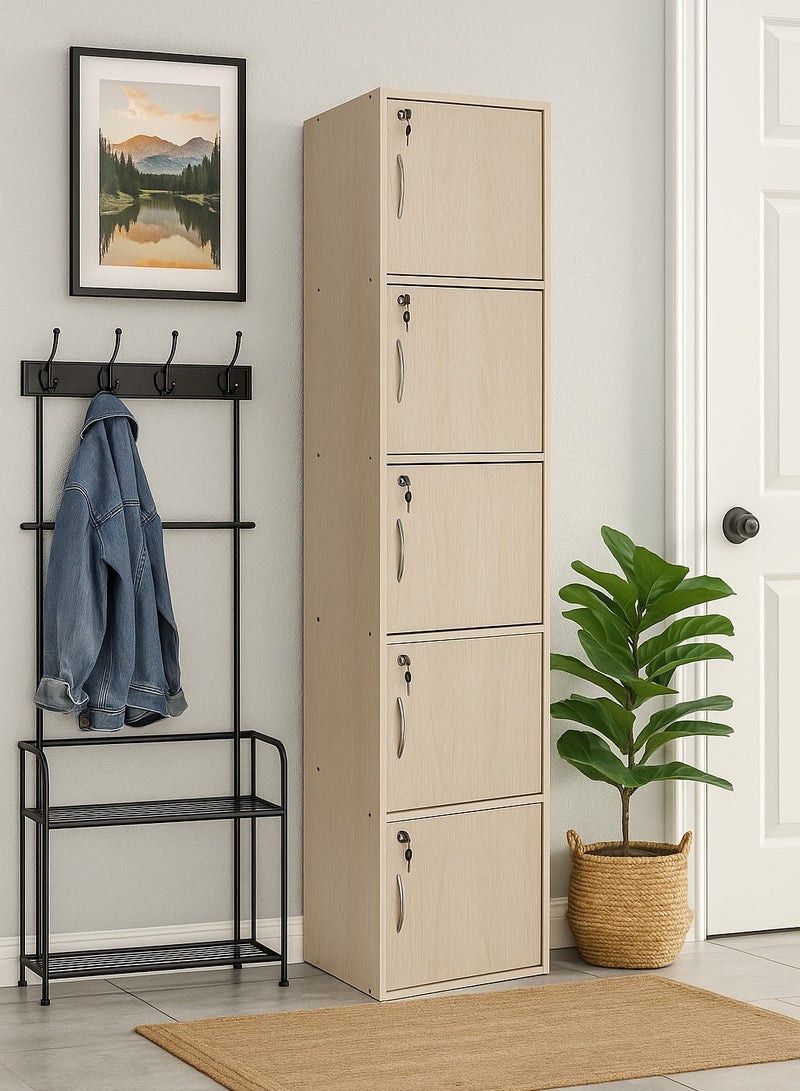 AFT Modern Wooden 5-Tier Storage Cabinet with Lockable Doors – 185 cm Tall Freestanding Organizer with 5 Spacious 35 cm Shelves, 40x40 cm Surface Area, 15 mm Thick Panels – Durable Multipurpose Cupboard for Home, Office, or Bedroom Use – White Ash Oak (Arfan) - Image 2