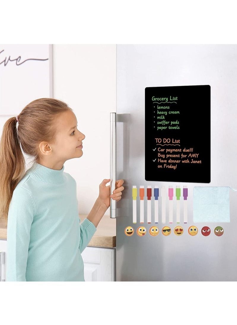 Magnetic Black Dry Erase Board for Refrigerator with Neon Chalk, 12x8" 8 Liquid Chalkboard Chalk with Magnets, 8 Fun Expressions