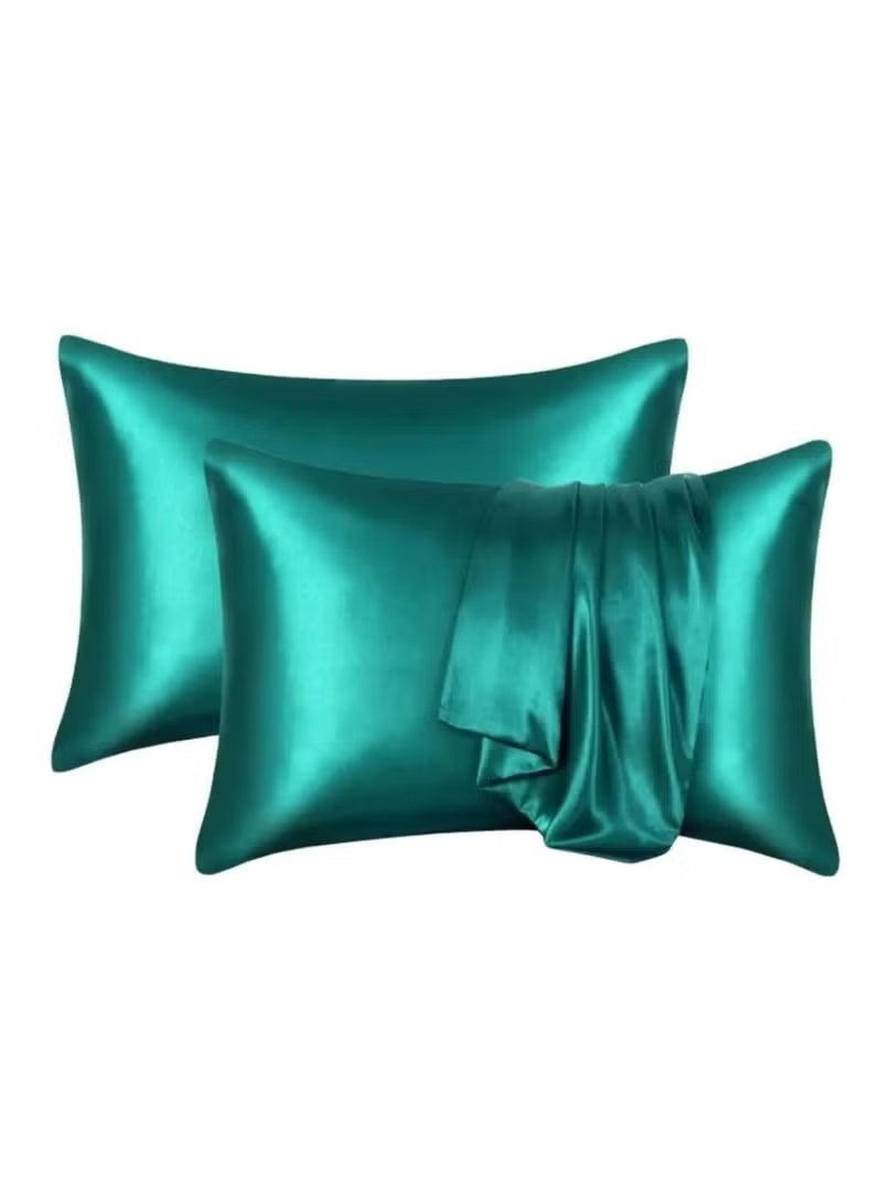 يوكانبي طقم غطاء وسادة من الساتان الحريري عدد 2 – باللون الأخضر الغامق، مقاس كوين 20×29 بوصة (51×76 سم)، أغطية وسائد ناعمة مزدوجة الجوانب بإغلاق مغلف، لطيفة على الشعر والبشرة، فاخرة وأنيقة - Image 1