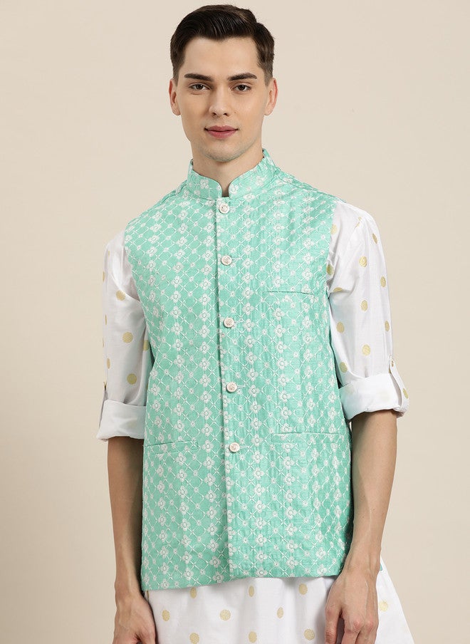 Sojanya Sea Green & White Chikankari Embroidered Nehru Jacket - Image 1