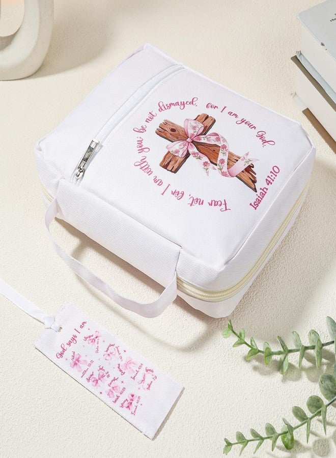 INCOK Bible Cover Case for Women - God Says I Am Bible Study Supplies Pink Bow Cross Church Carrying Case Bag with Handle Bookmarks Christian Christmas Gift for Prayer Teacher Students - Image 2